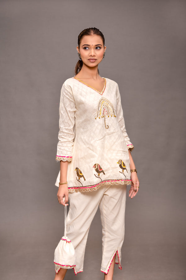 Beige Cotton Cord Set with Handwork Lace