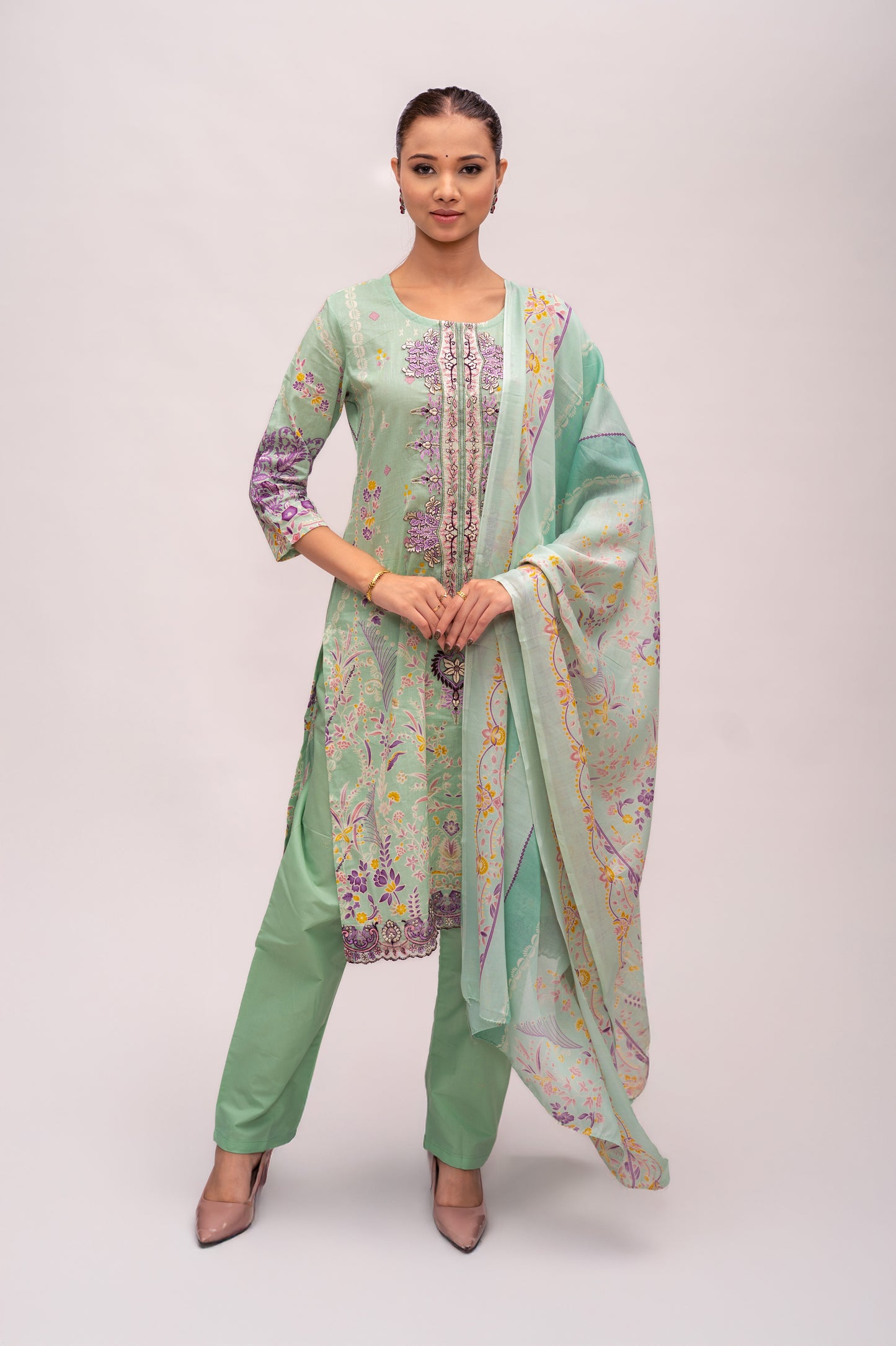 Green Cotton Lawn Suit with Embroidery with a Malmal Printed Dupatta