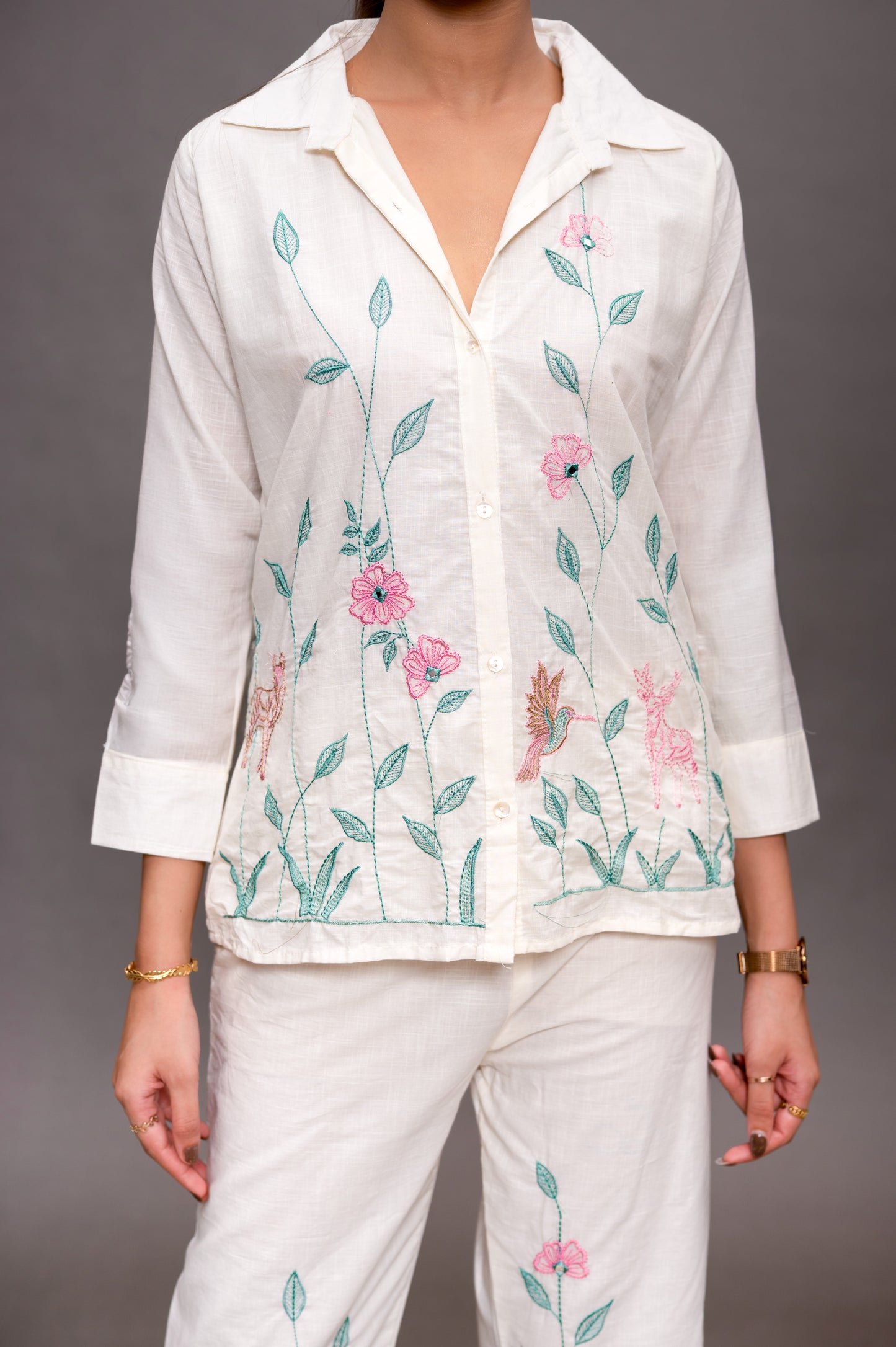 Off White Cotton Cord Set with Green and Pink Color Embroidery