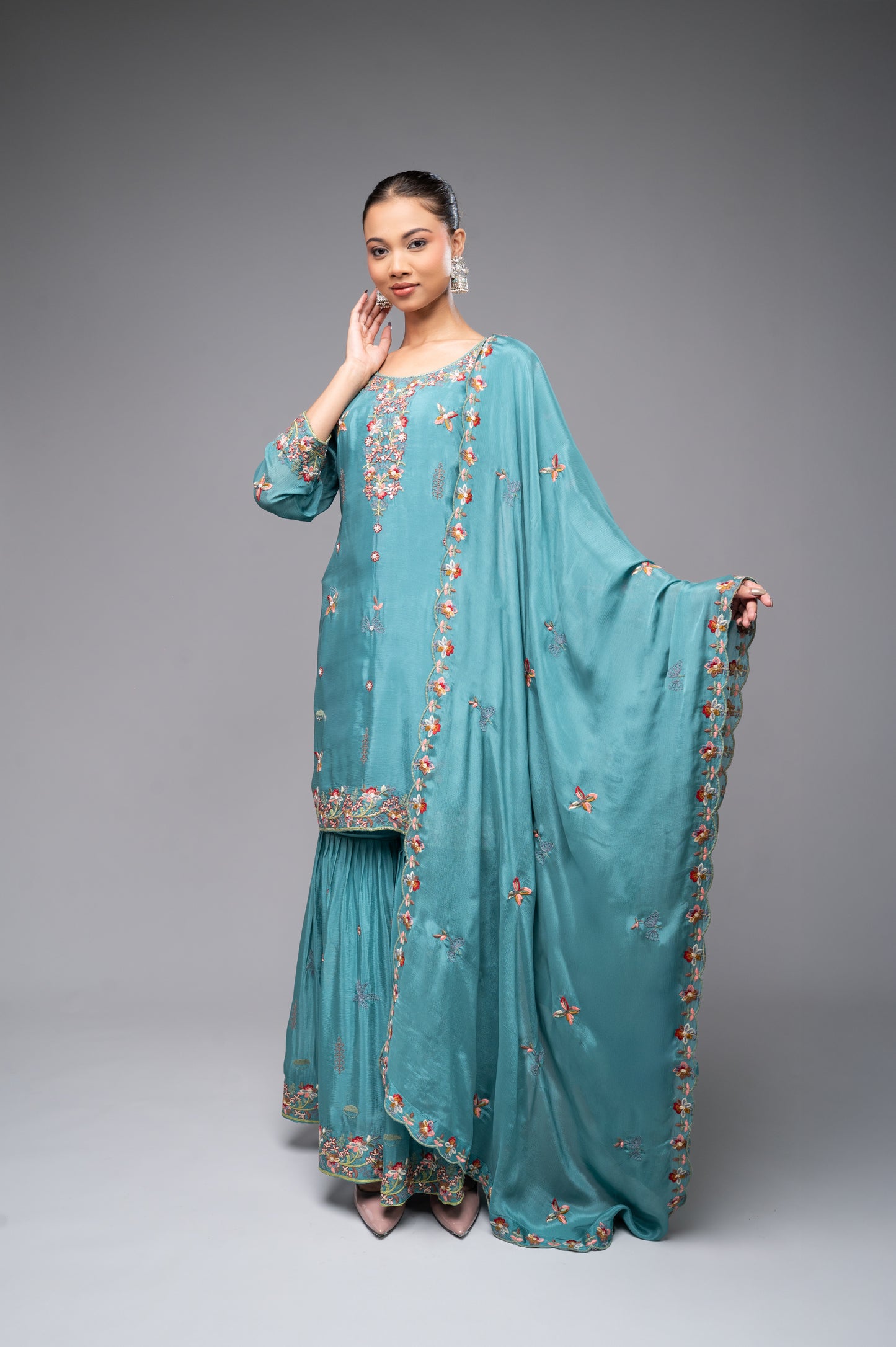 Peacock Blue Garara Set with Pearl, Pipe & Colorful Thread Work Embroidery