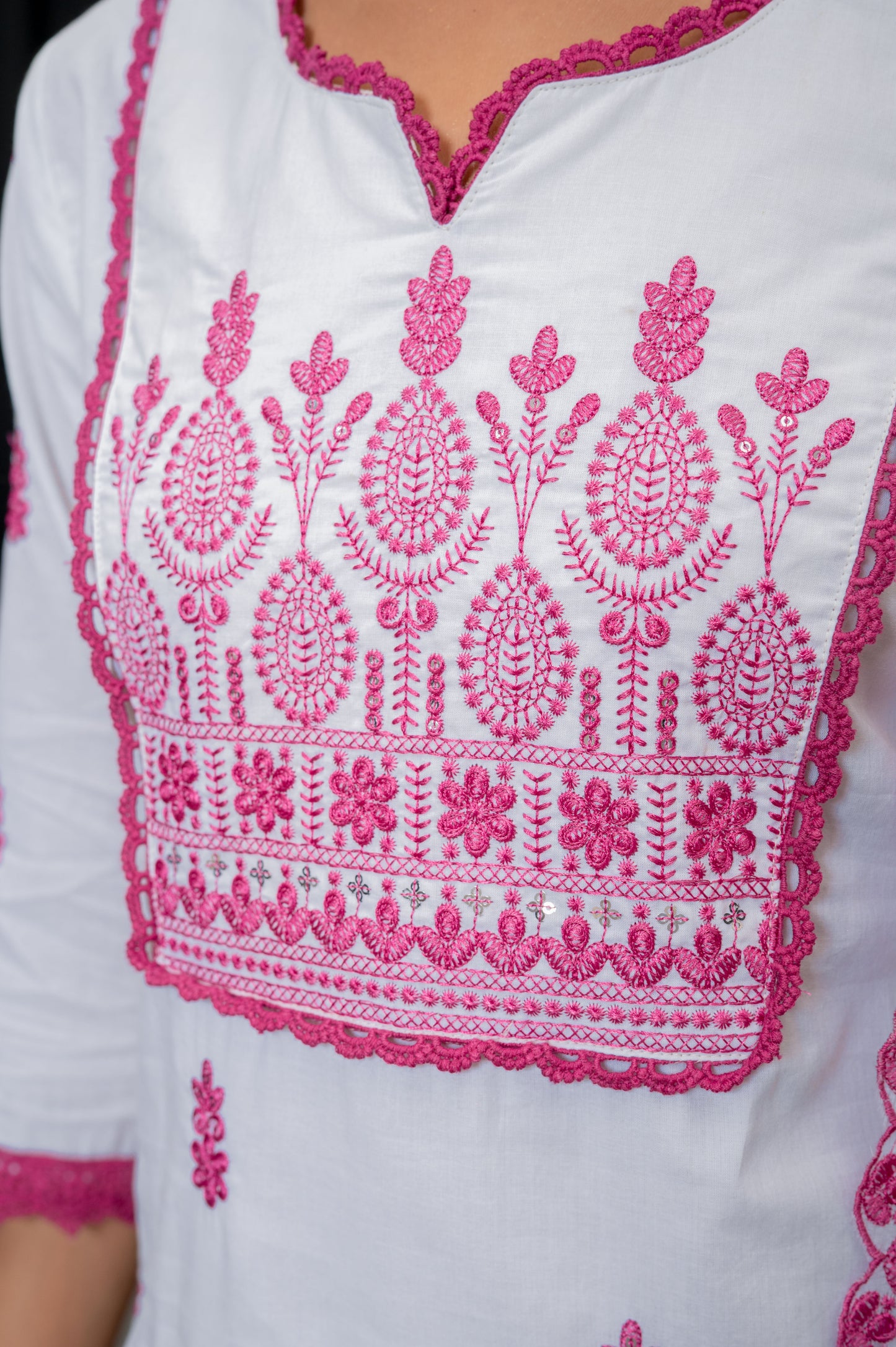 White Cotton Embroidery Suit with Pant and Dupatta