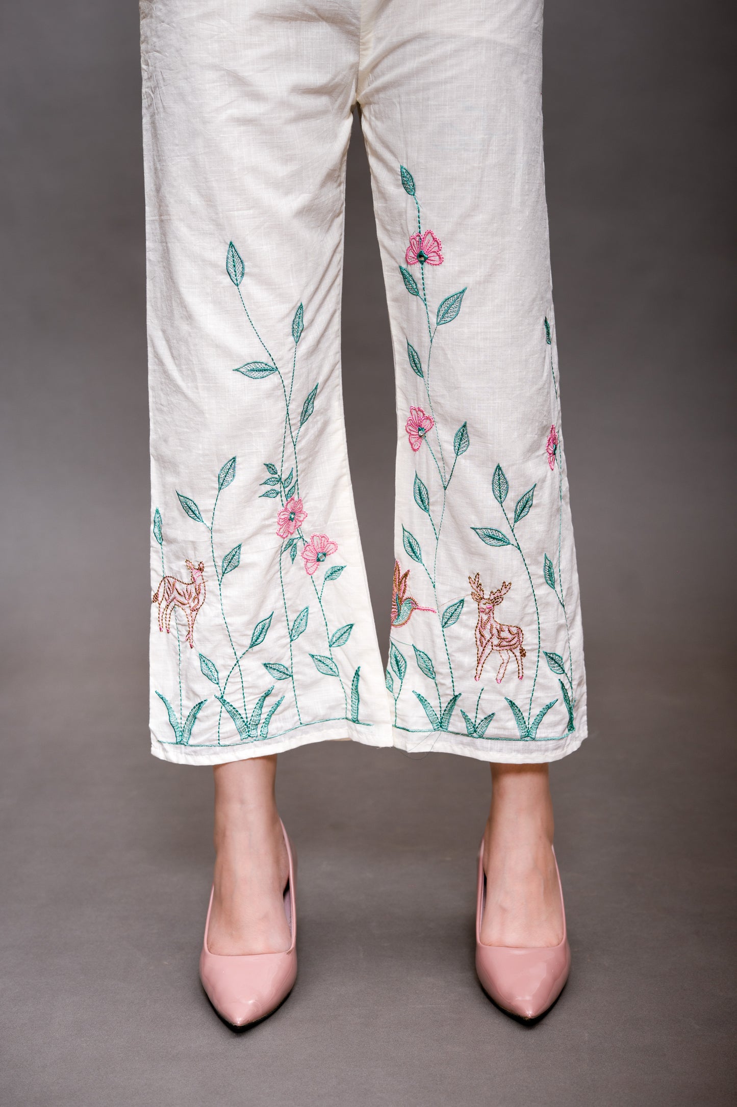 Off White Cotton Cord Set with Green and Pink Color Embroidery