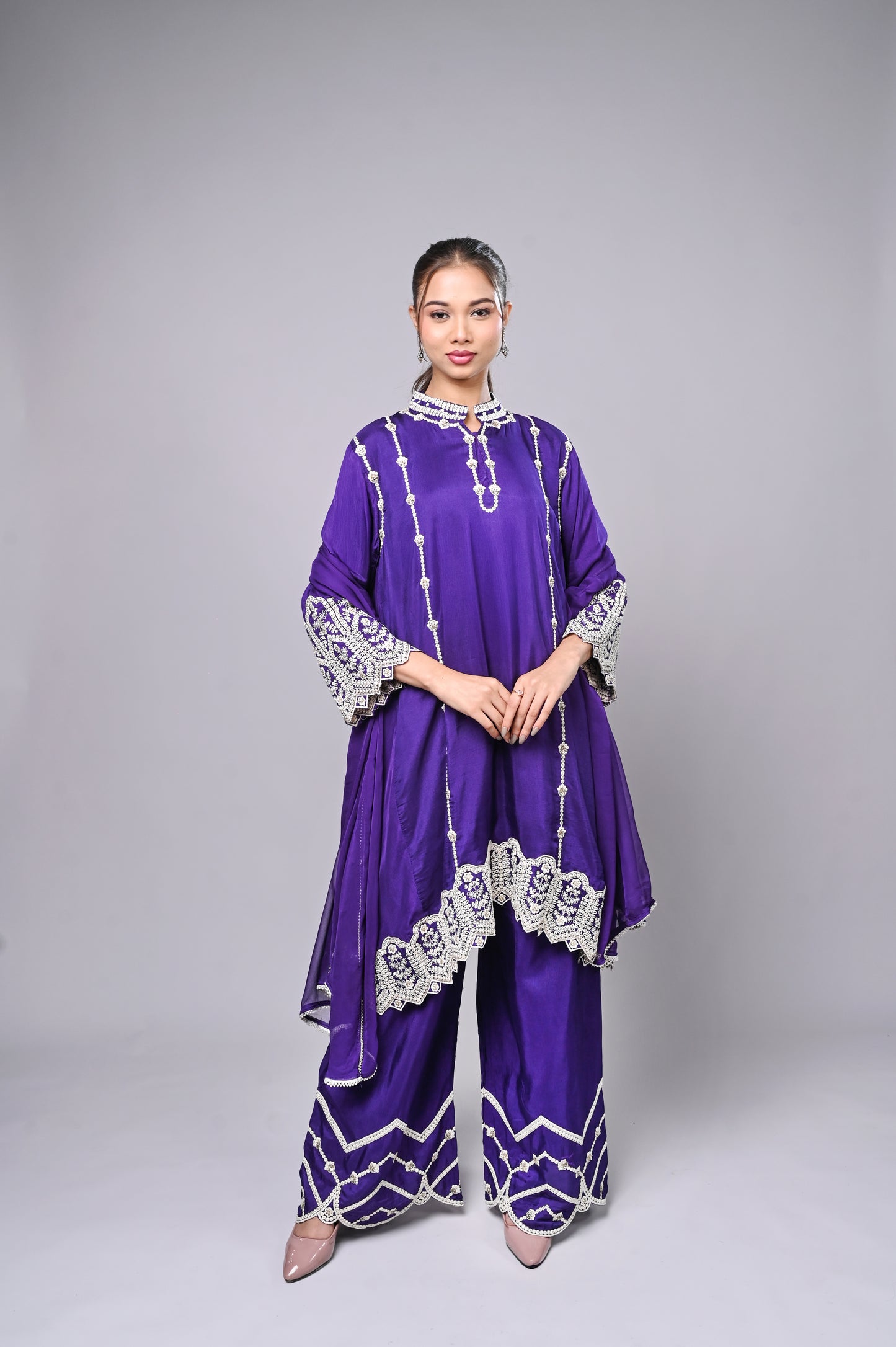 Orange Palazzo Crepe Kurta Set with Silver Embroidery