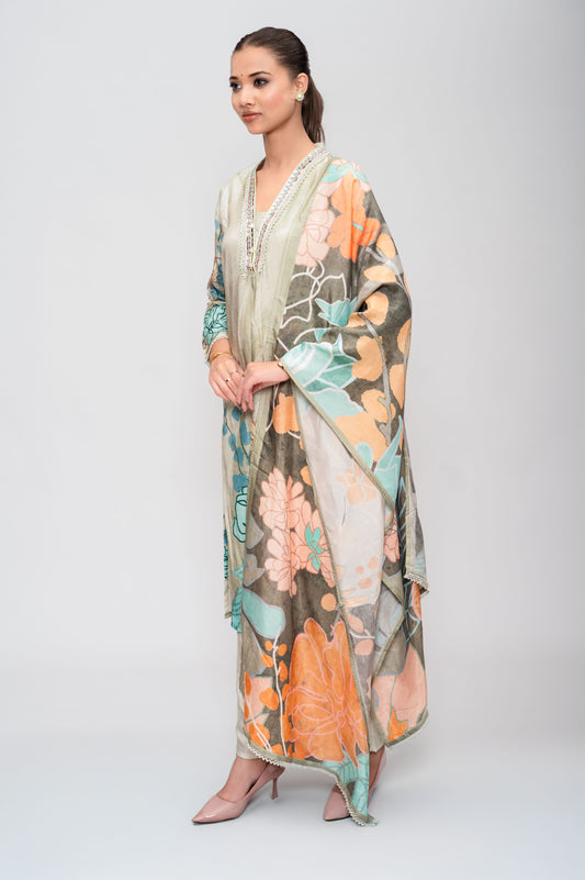 Pastel Green Silk Suit with Pant and Dupatta – Lace and Mirror Embroidery