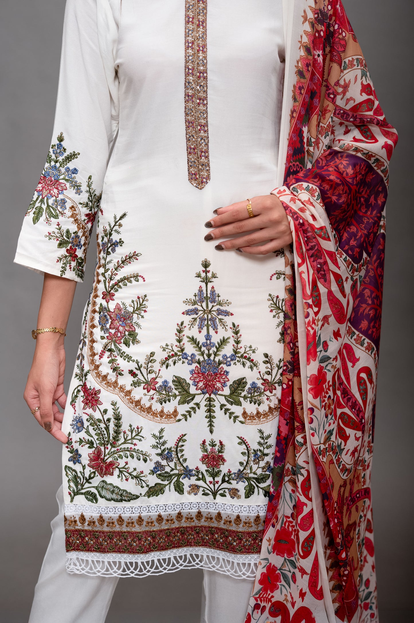 White Rayon lawn Suit with Embroidery Work and Digital Print Chiffon Dupatta