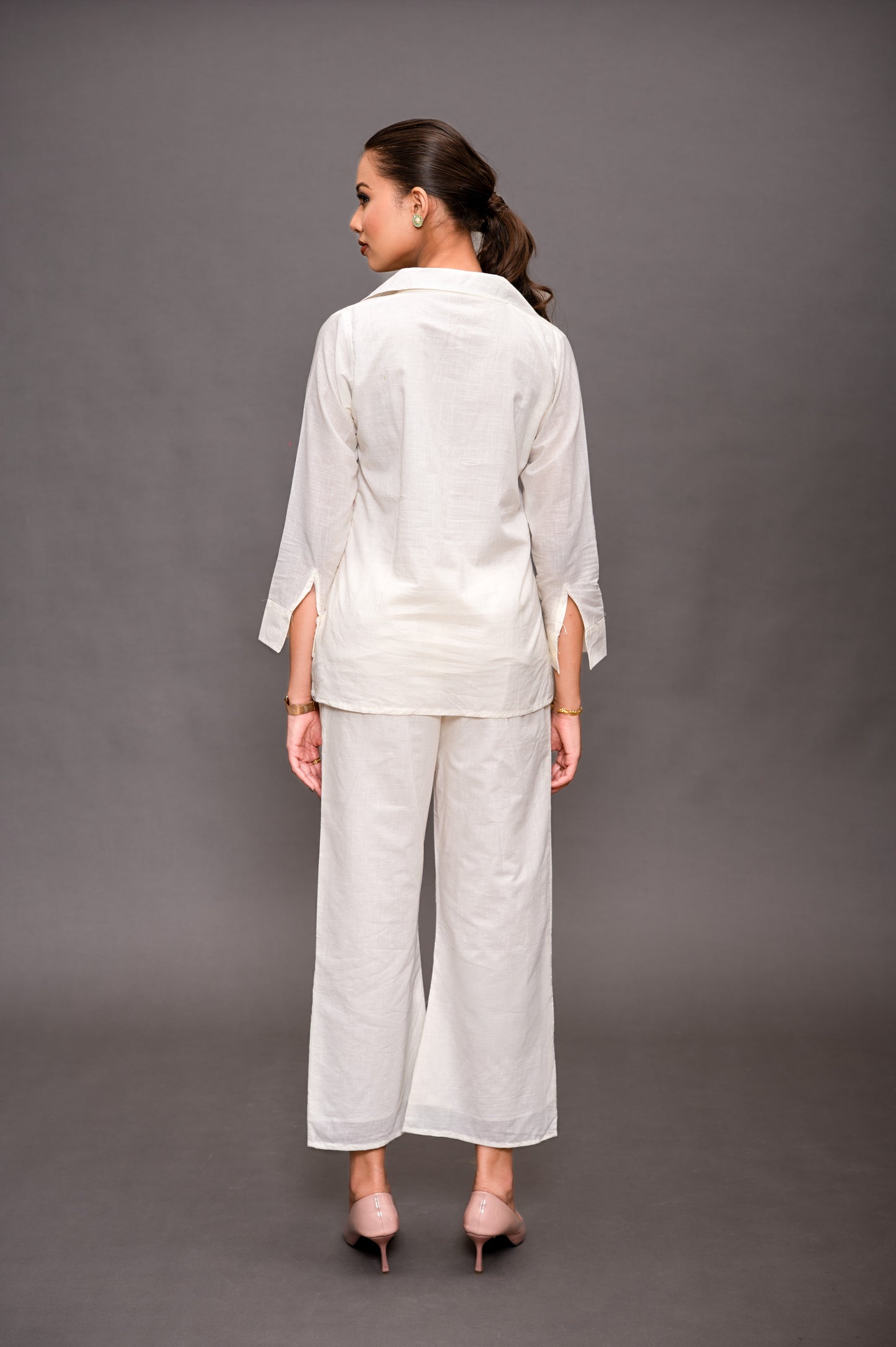 Off White Cotton Cord Set with Green and Pink Color Embroidery