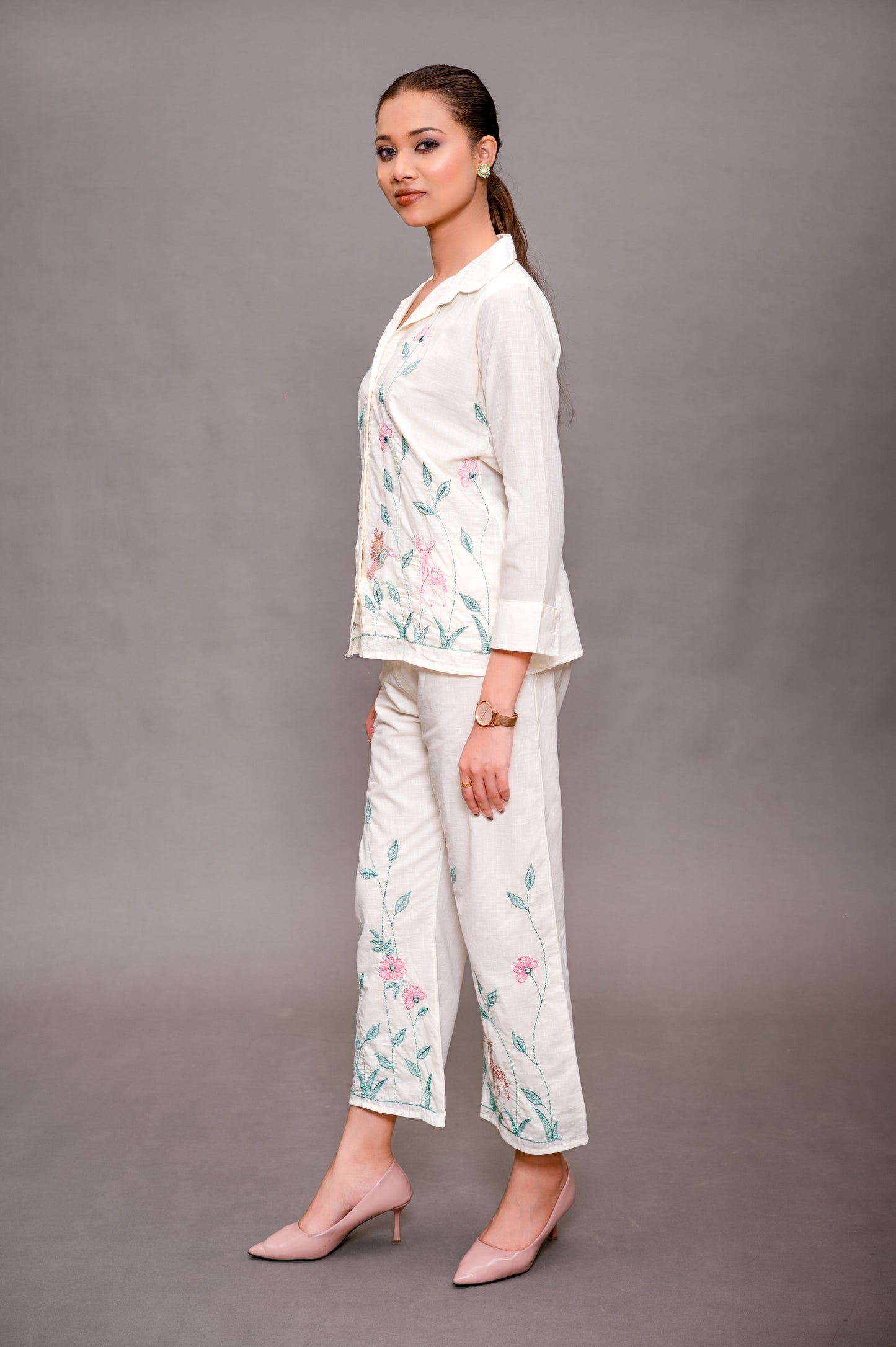 Off White Cotton Cord Set with Green and Pink Color Embroidery