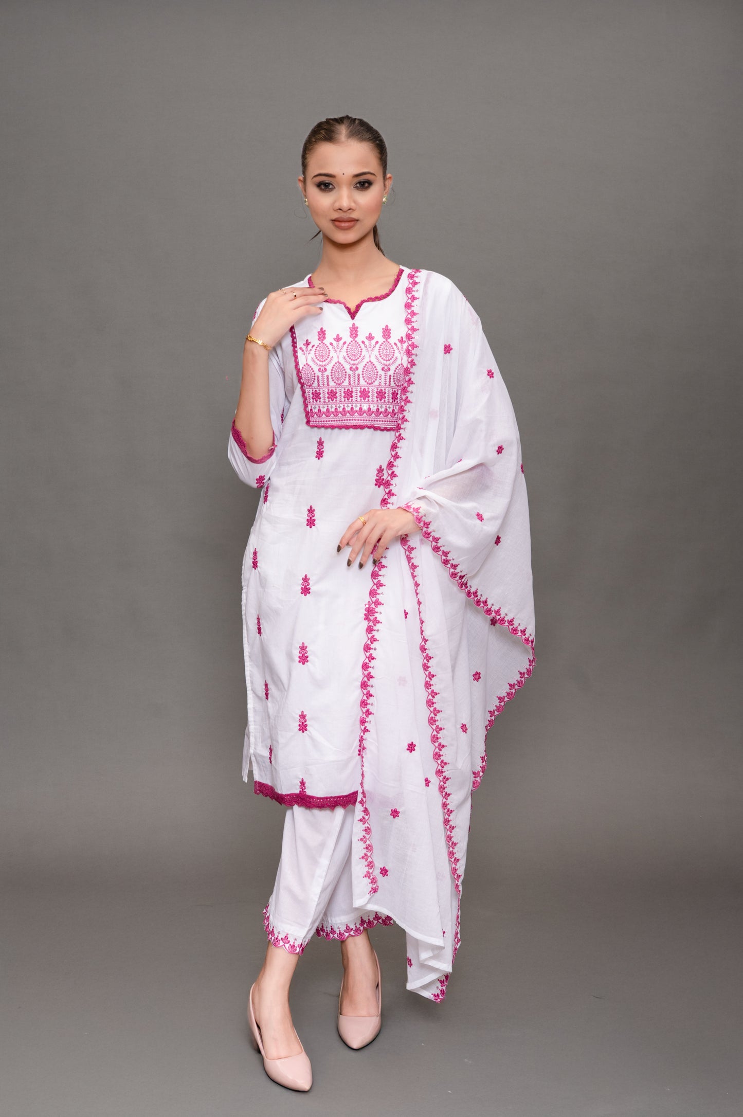 White Cotton Embroidery Suit with Pant and Dupatta