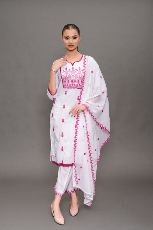 White Cotton Embroidery Suit with Pant and Dupatta