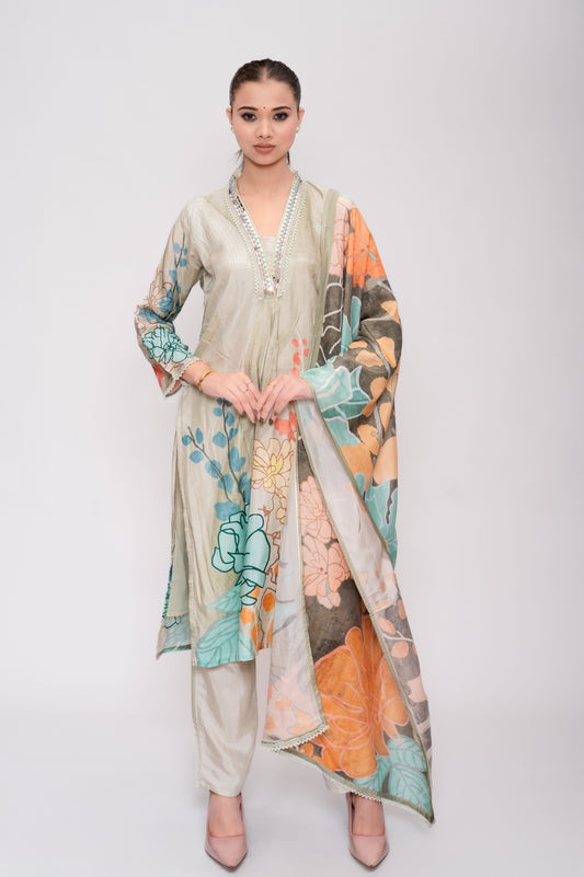 Pastel Green Silk Suit with Pant and Dupatta – Lace and Mirror Embroidery