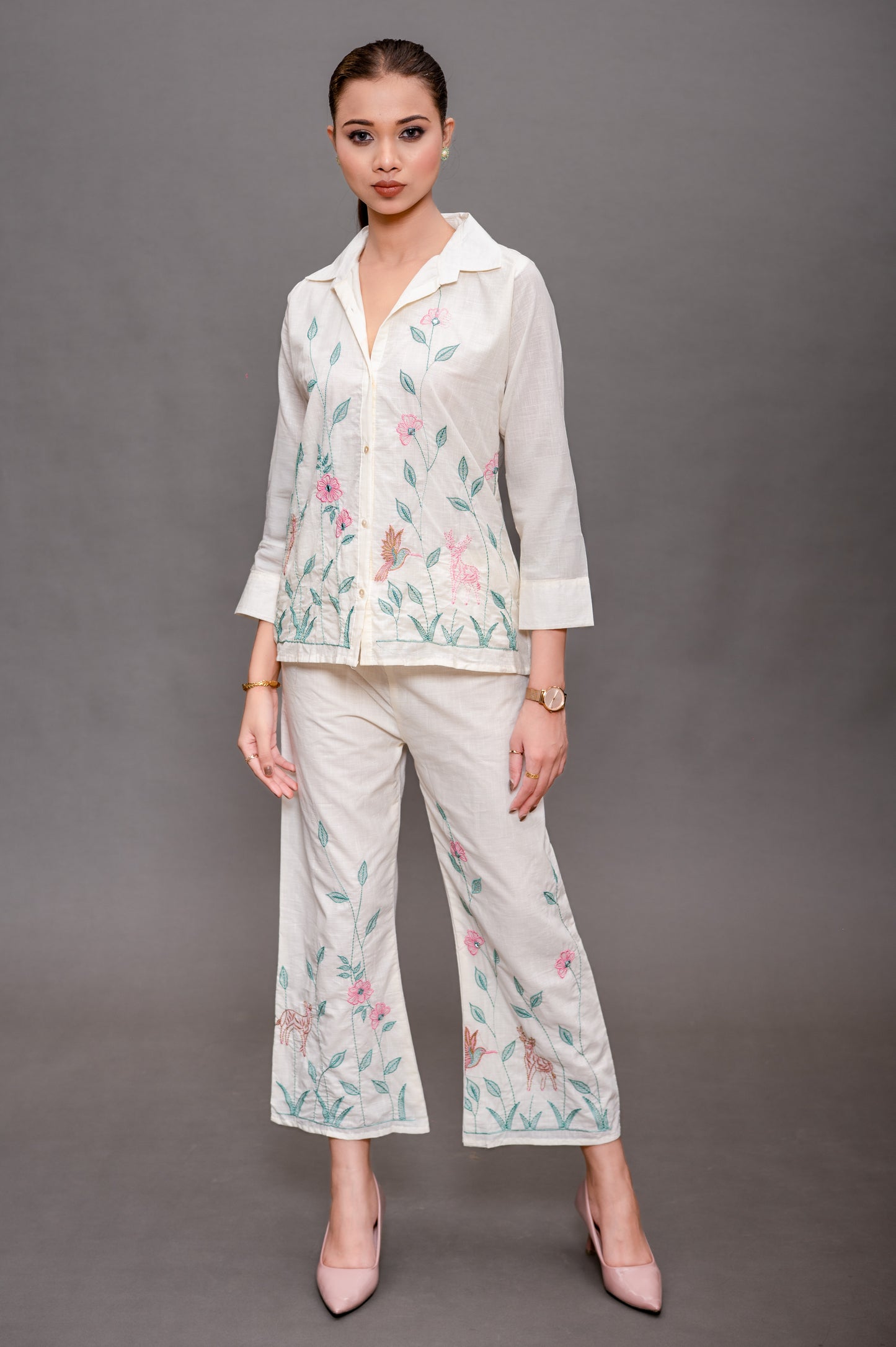 Off White Cotton Cord Set with Green and Pink Color Embroidery