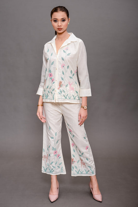 Off White Cotton Cord Set with Green and Pink Color Embroidery