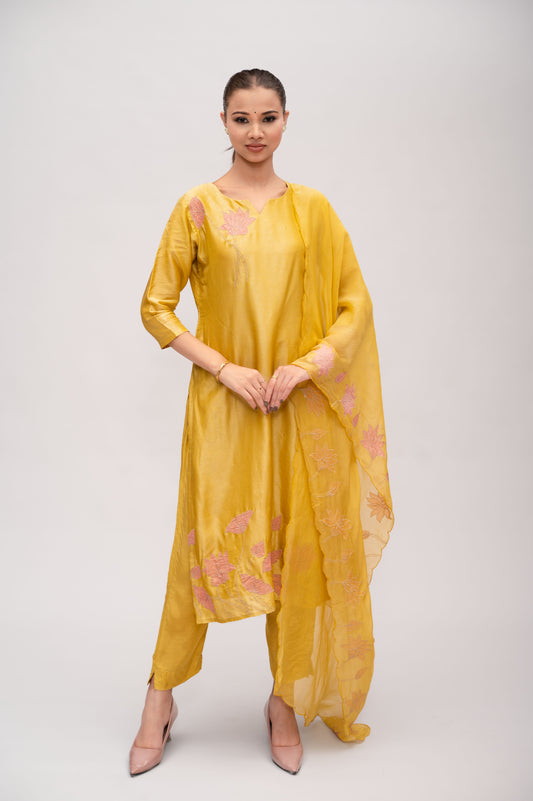 Yellow Silk Suit with Pant & Dupatta – Elegant Zari Work Detailing