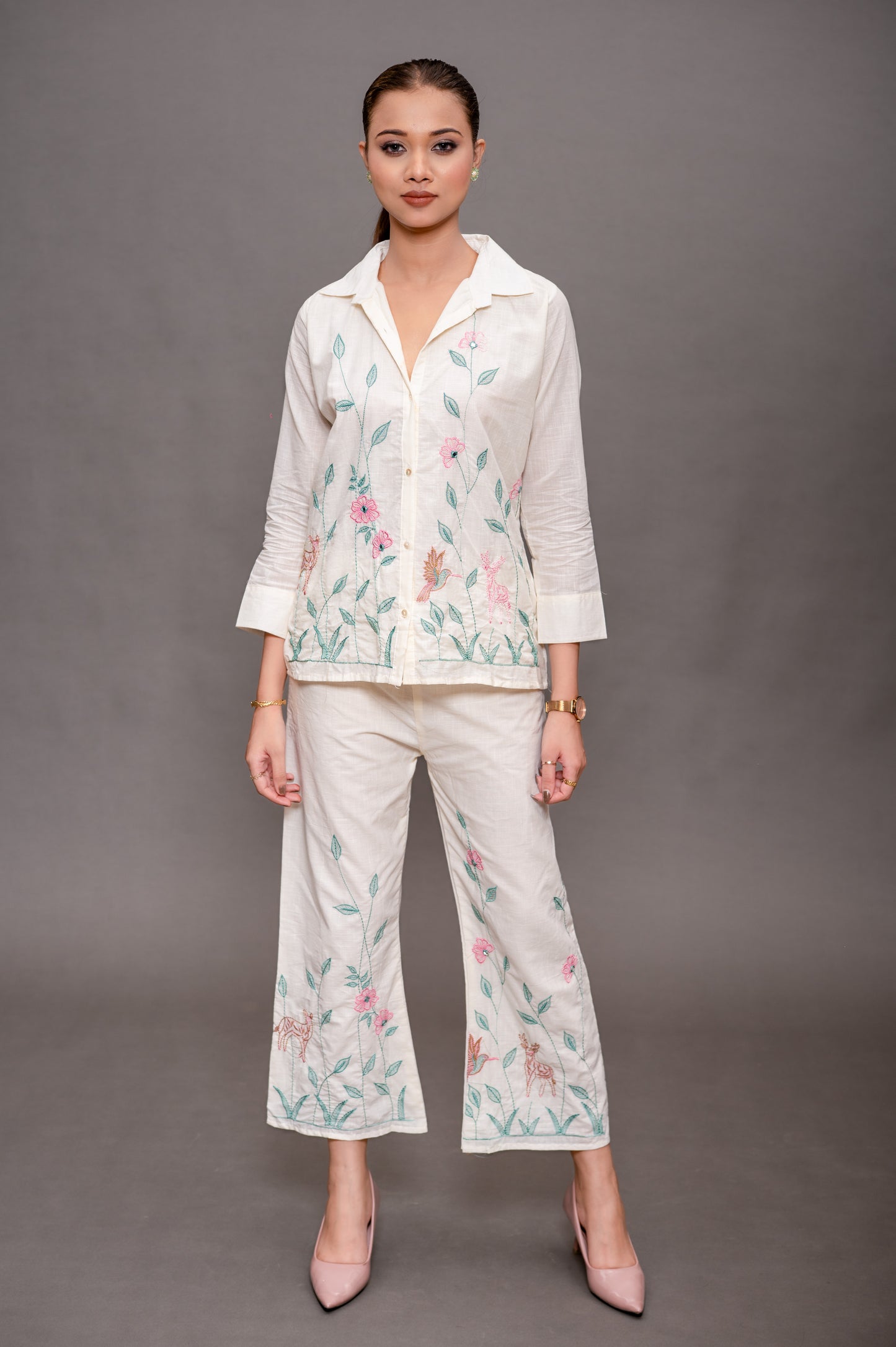 Off White Cotton Cord Set with Green and Pink Color Embroidery