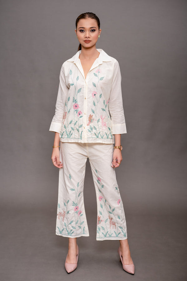 Cream White Cord Set with Green and Pink Color Embroidery