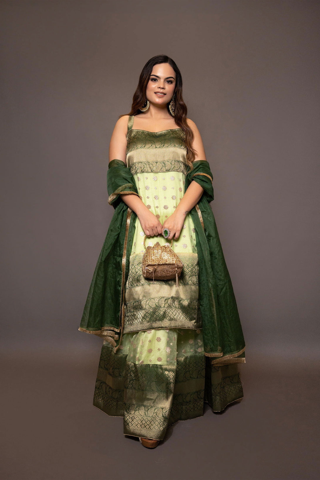 Parrot Green Buti Organza Suit with Kali Skirt - Mayrake.in
