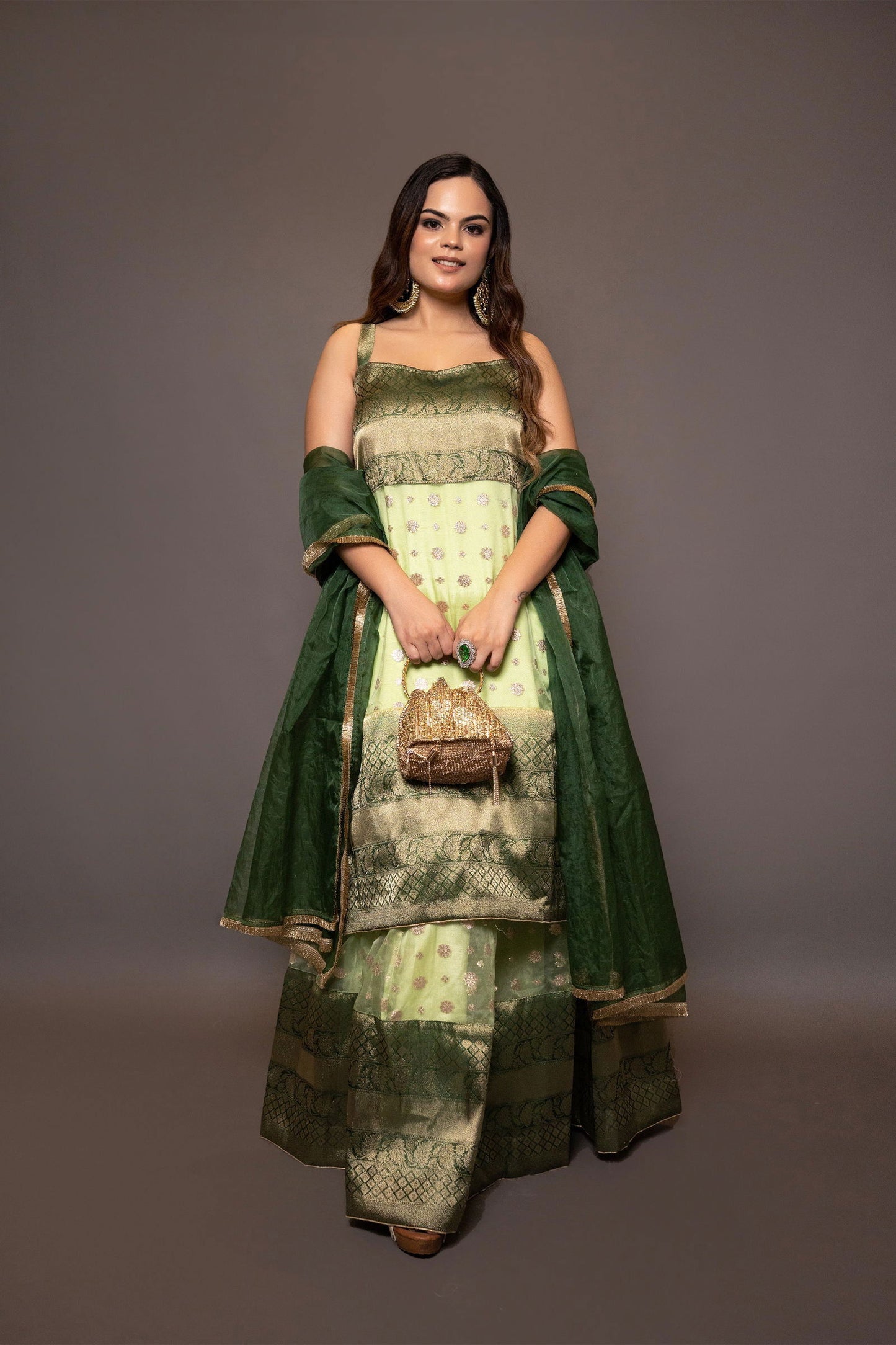 Parrot Green Buti Organza Suit with Kali Skirt - Mayrake.in