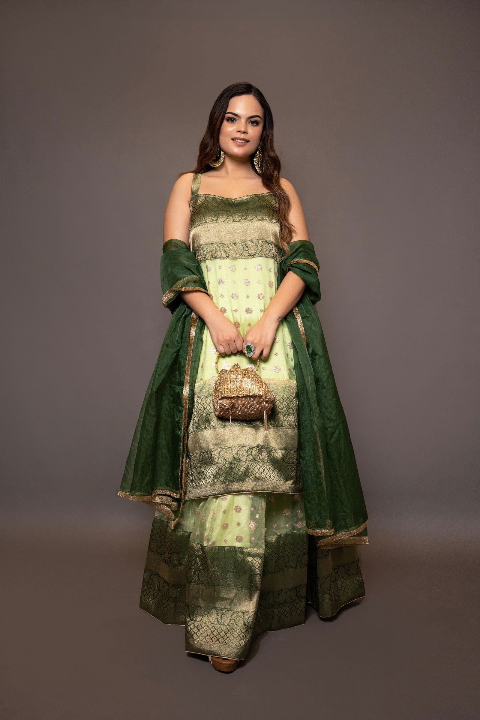 Parrot Green Buti Organza Suit with Kali Skirt - Mayrake.in