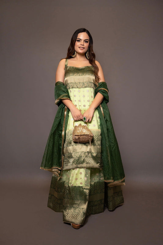 Parrot Green Buti Organza Suit with Kali Skirt - Mayrake.in
