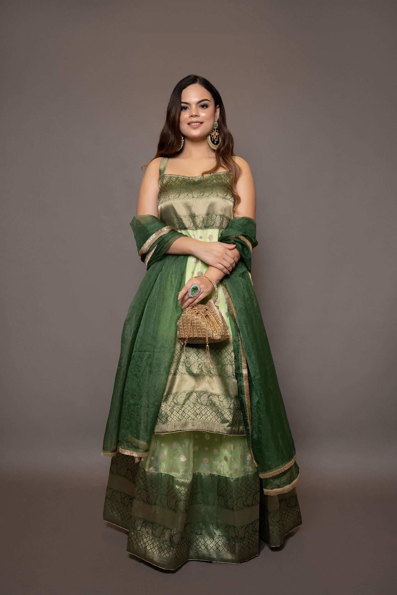 Parrot Green Buti Organza Suit with Kali Skirt - Mayrake.in