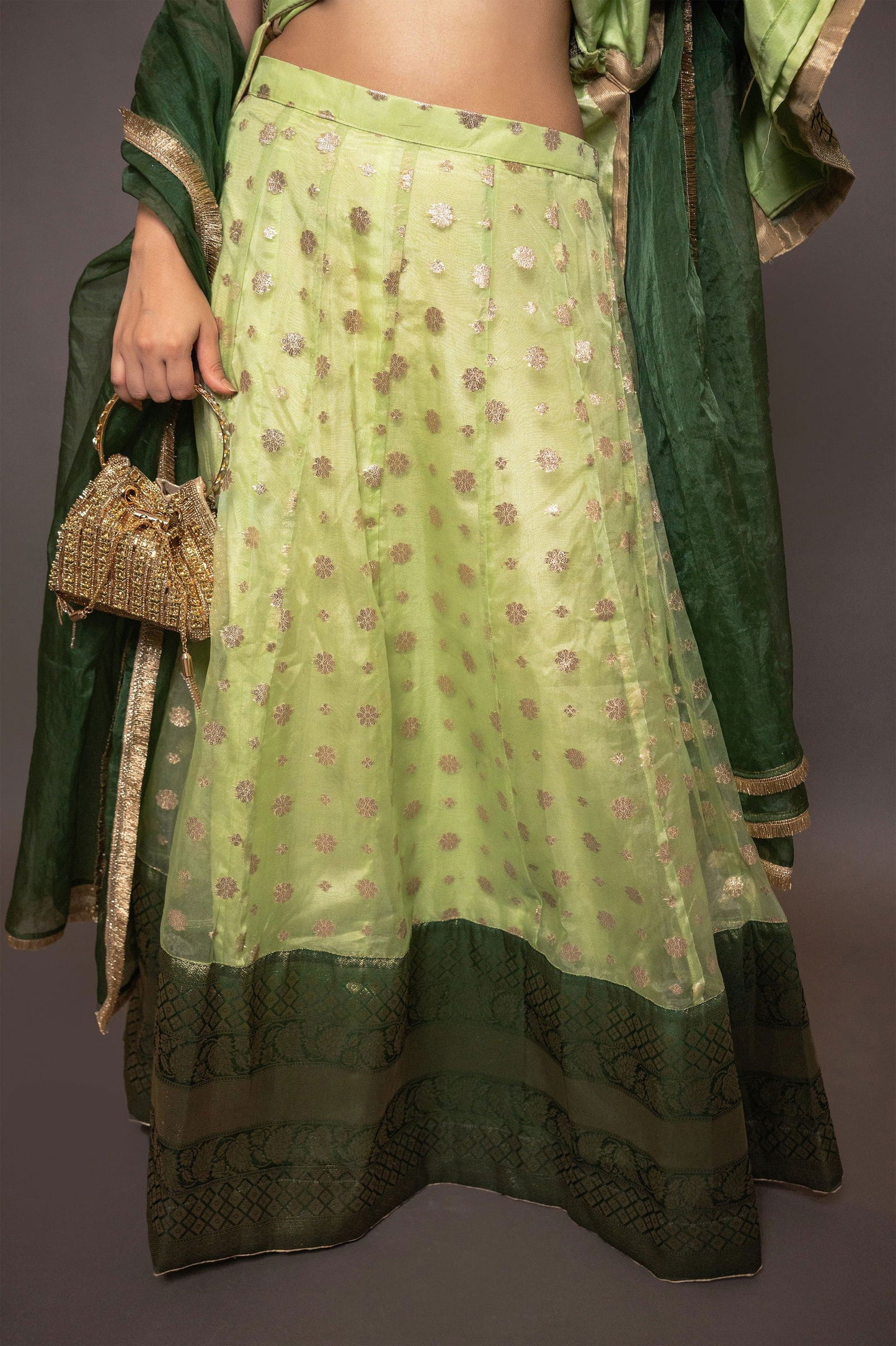 Parrot Green Buti Organza Suit with Kali Skirt - Mayrake.in
