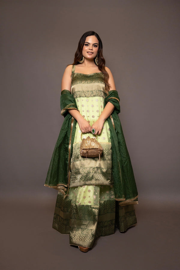 Parrot Green Buti Organza Suit with Kali Skirt and Matching Lace Dupatta - Mayrake