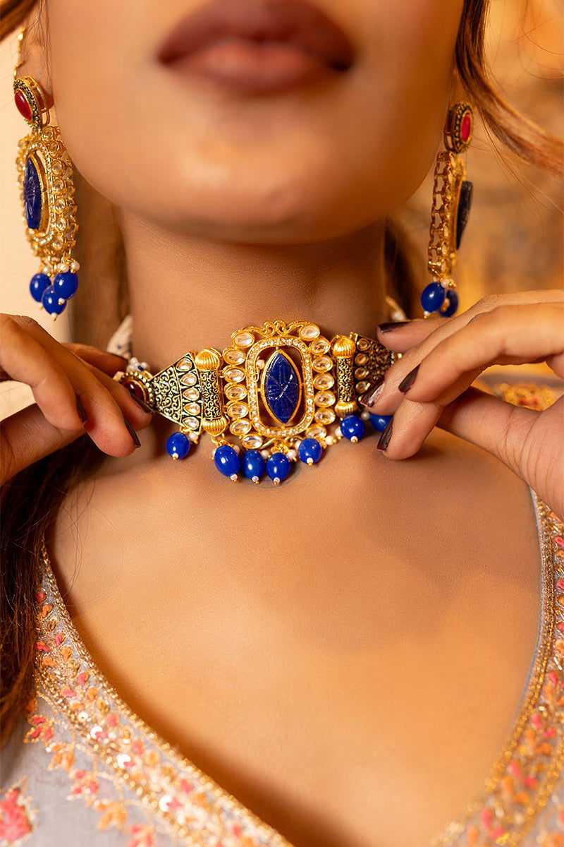 Pastel Blue Buti Skirt with Zari Work Crop Top and Embroidered Dupatta - Mayrake.in