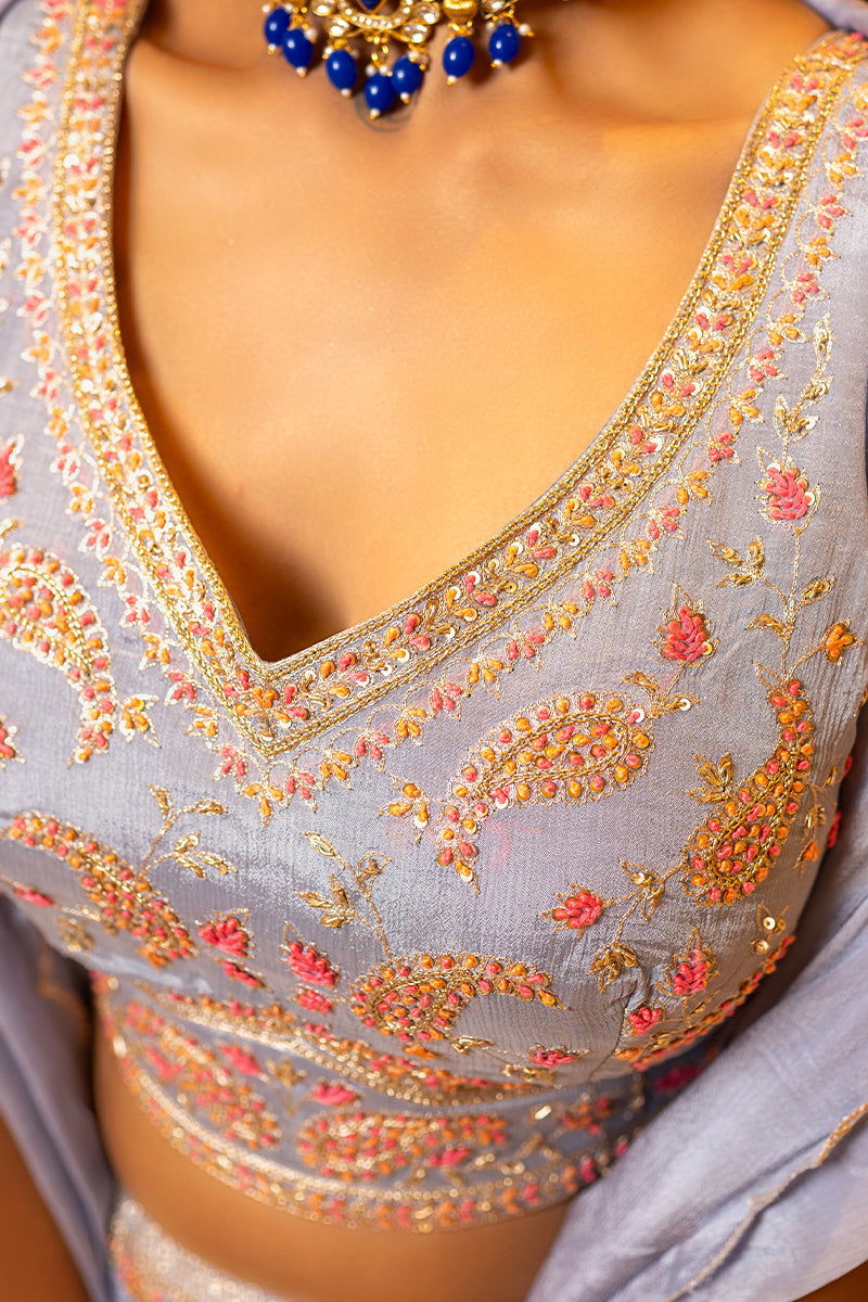 Pastel Blue Buti Skirt with Zari Work Crop Top and Embroidered Dupatta - Mayrake.in