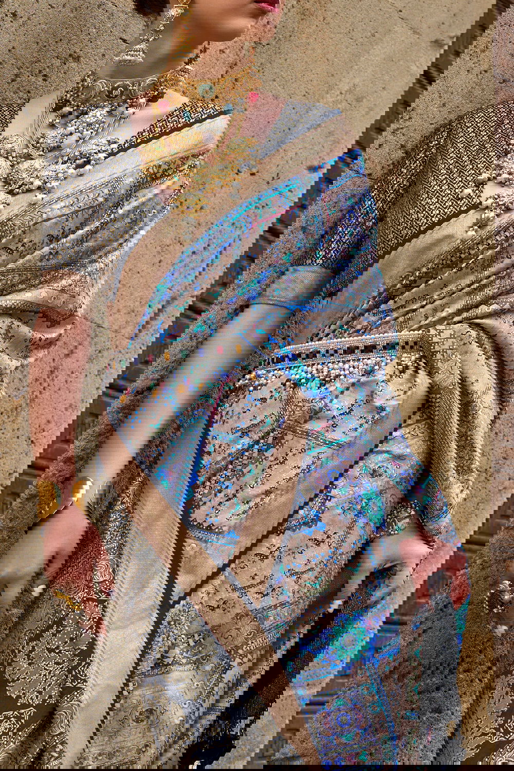 Pastel Blue Raw Silk Saree with Floral Motifs - Mayrake.in