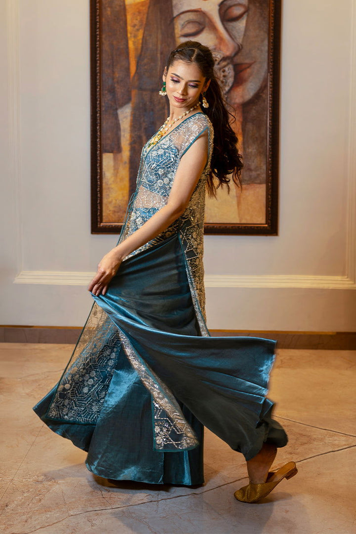Pastel Gray Embroidered Crepe Chiffon Tank Top with Wide Pants and Long Jacket and Ready-to-Wear Saree - Mayrake - 