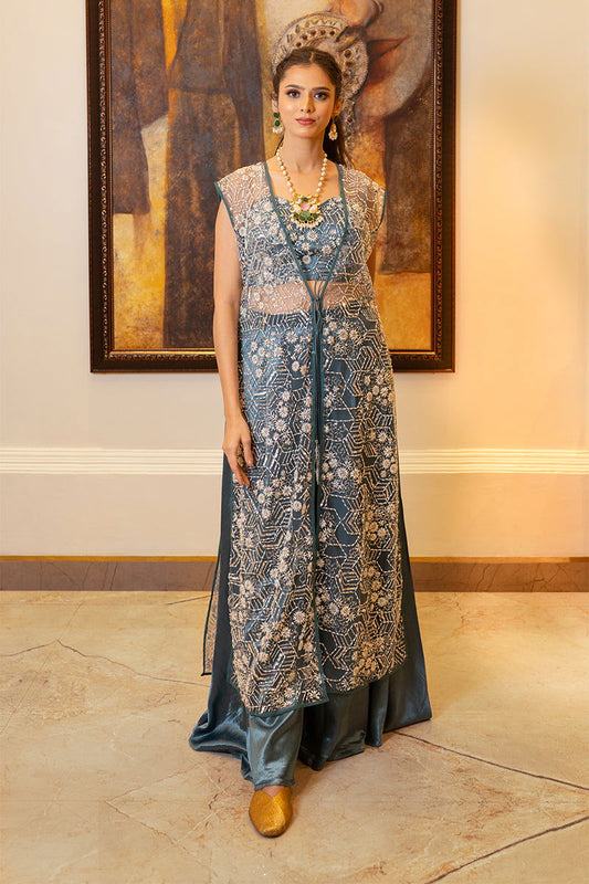 Pastel Gray Embroidered Crepe Chiffon Tank Top with Wide Pants and Long Jacket and Ready-to-Wear Saree - Mayrake.in