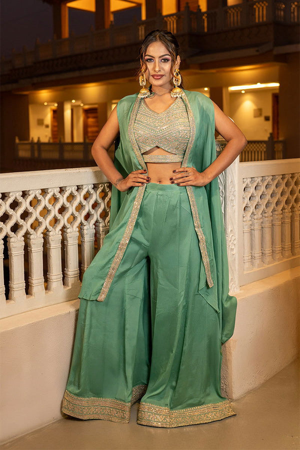 Pastel Green Embroidered Satin Tank Top with Wide Pants and Full Shrug - Mayrake.in