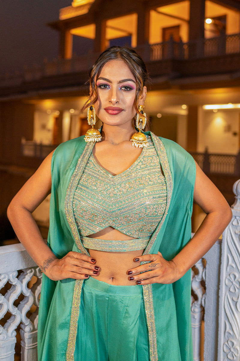 Pastel Green Embroidered Satin Tank Top with Wide Pants and Full Shrug - Mayrake.in