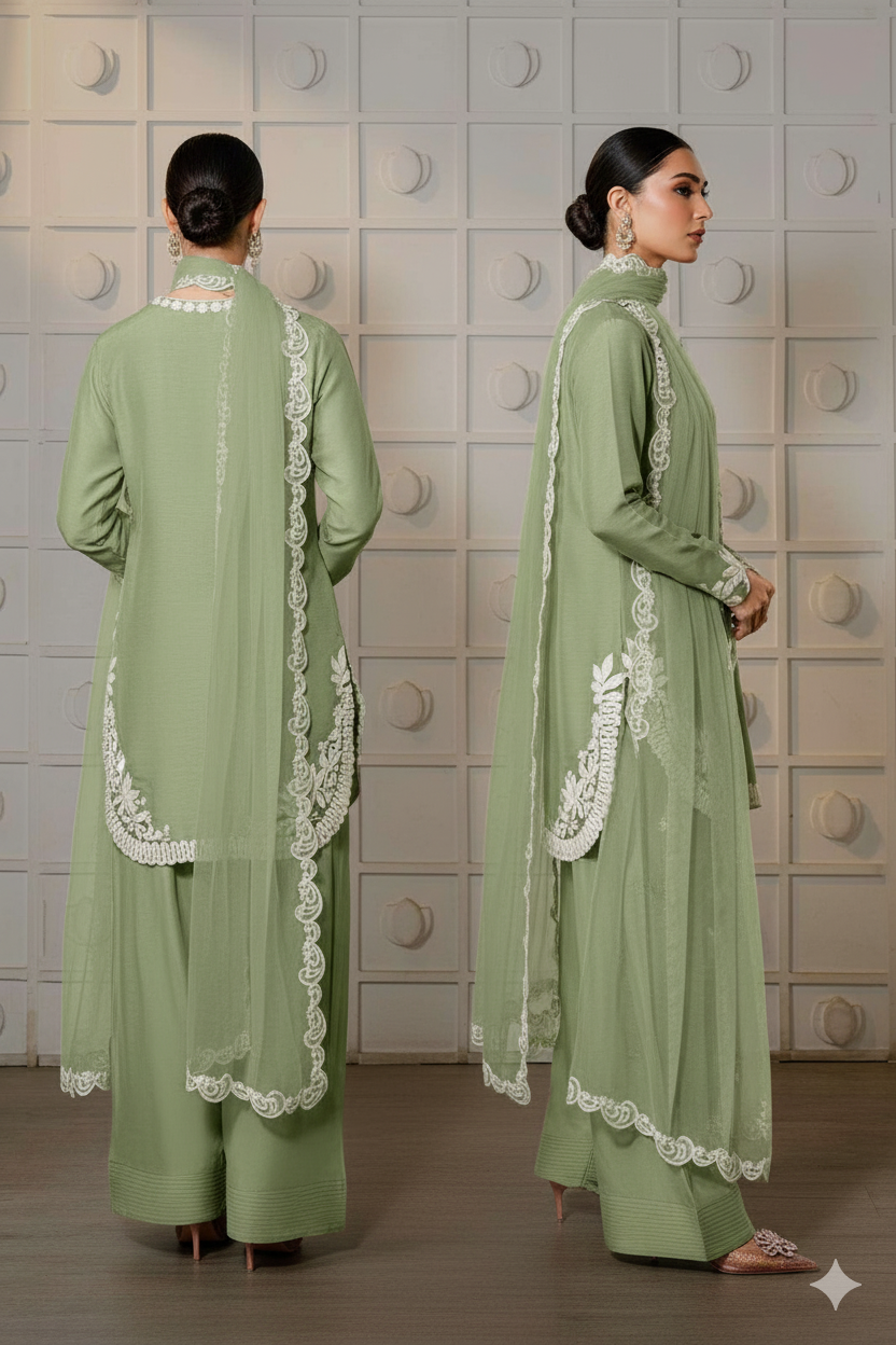 Pastel Green Farsi Salwar Suit with White Thread Lace Work - Mayrake.in