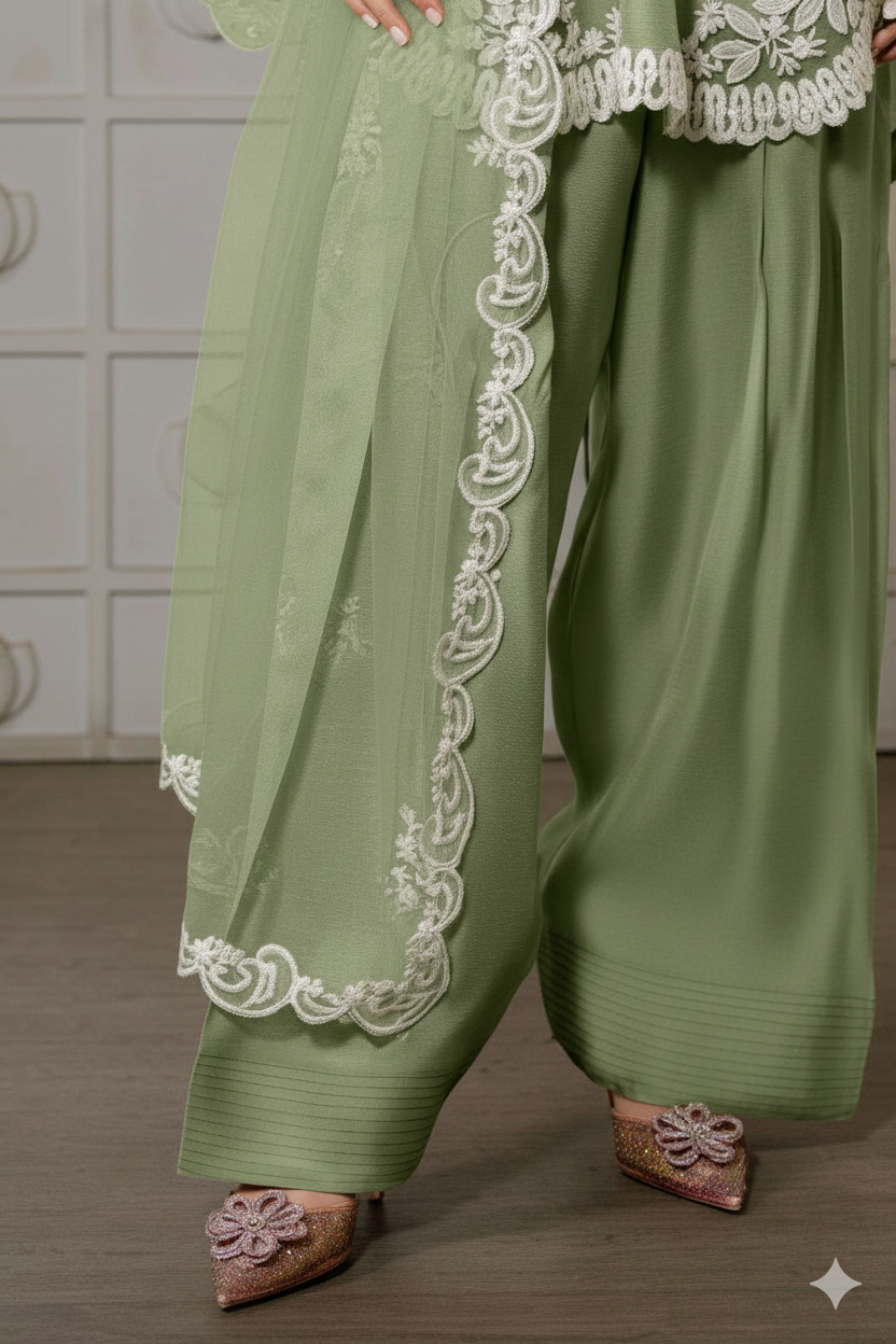 Pastel Green Farsi Salwar Suit with White Thread Lace Work - Mayrake.in