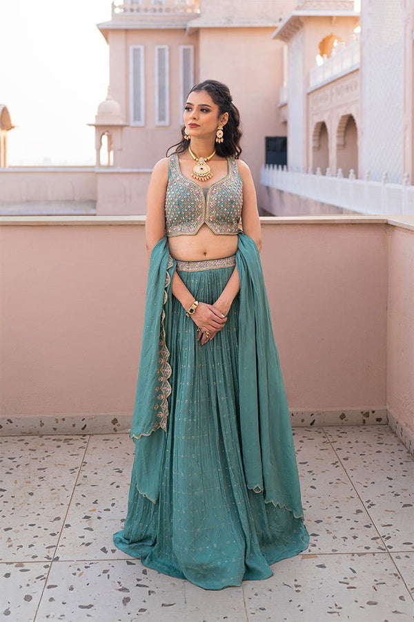 Pastel Green Sequin Buti Skirt with Zardosi Crop Top and Lace Dupatta - Mayrake - 