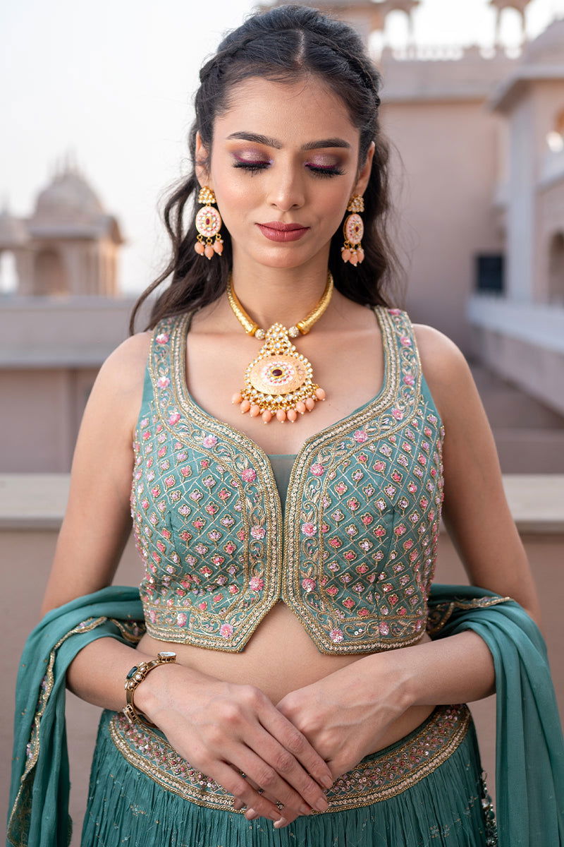 Pastel Green Sequin Buti Skirt with Zardosi Crop Top and Lace Dupatta - Mayrake.in