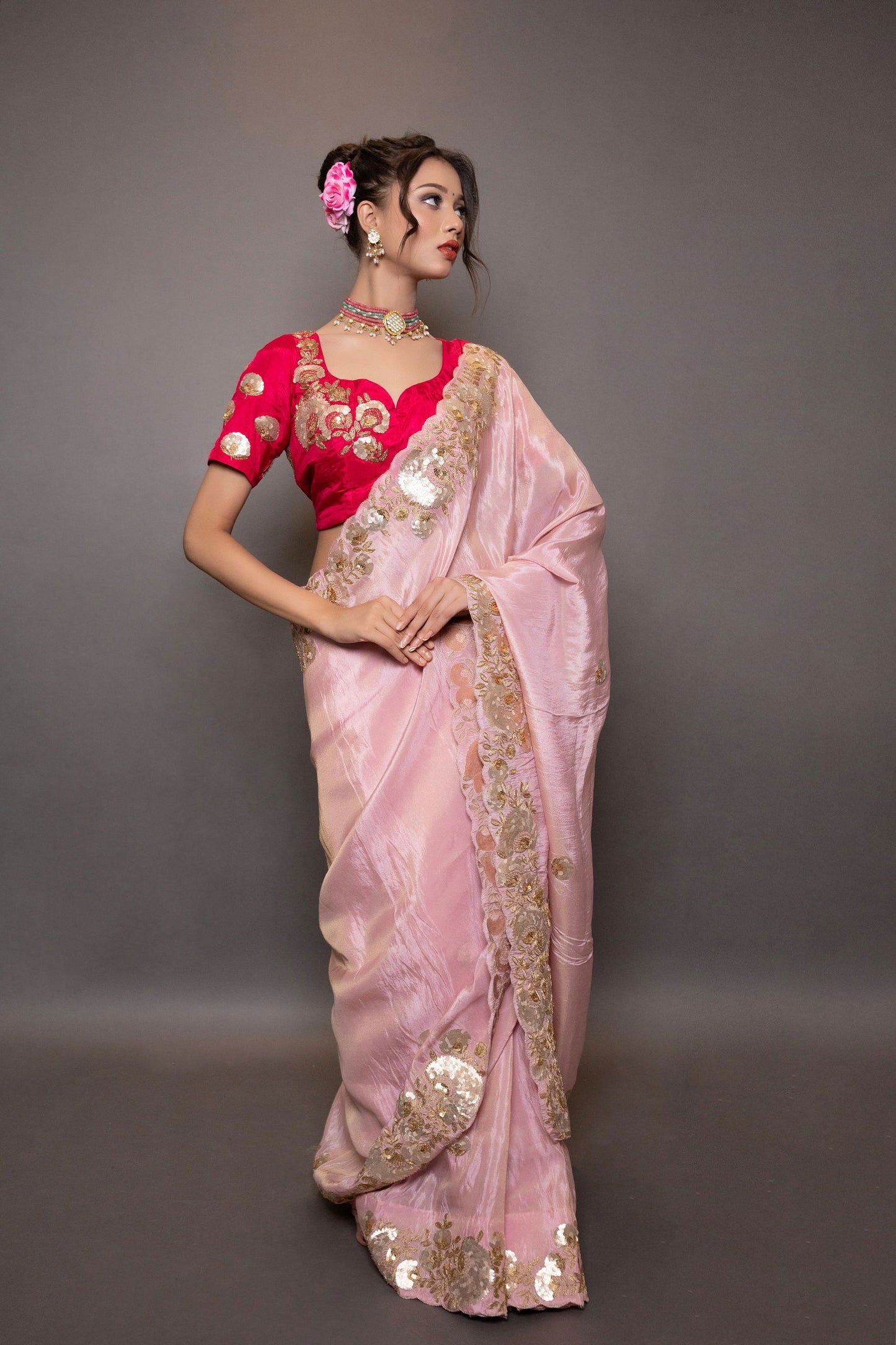 Pastel Pink Saree With Pitta Handwork with Stiched Blouse - Mayrake.in
