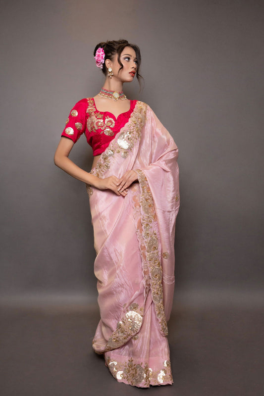 Pastel Pink Saree With Pitta Handwork with Stiched Blouse - Mayrake.in