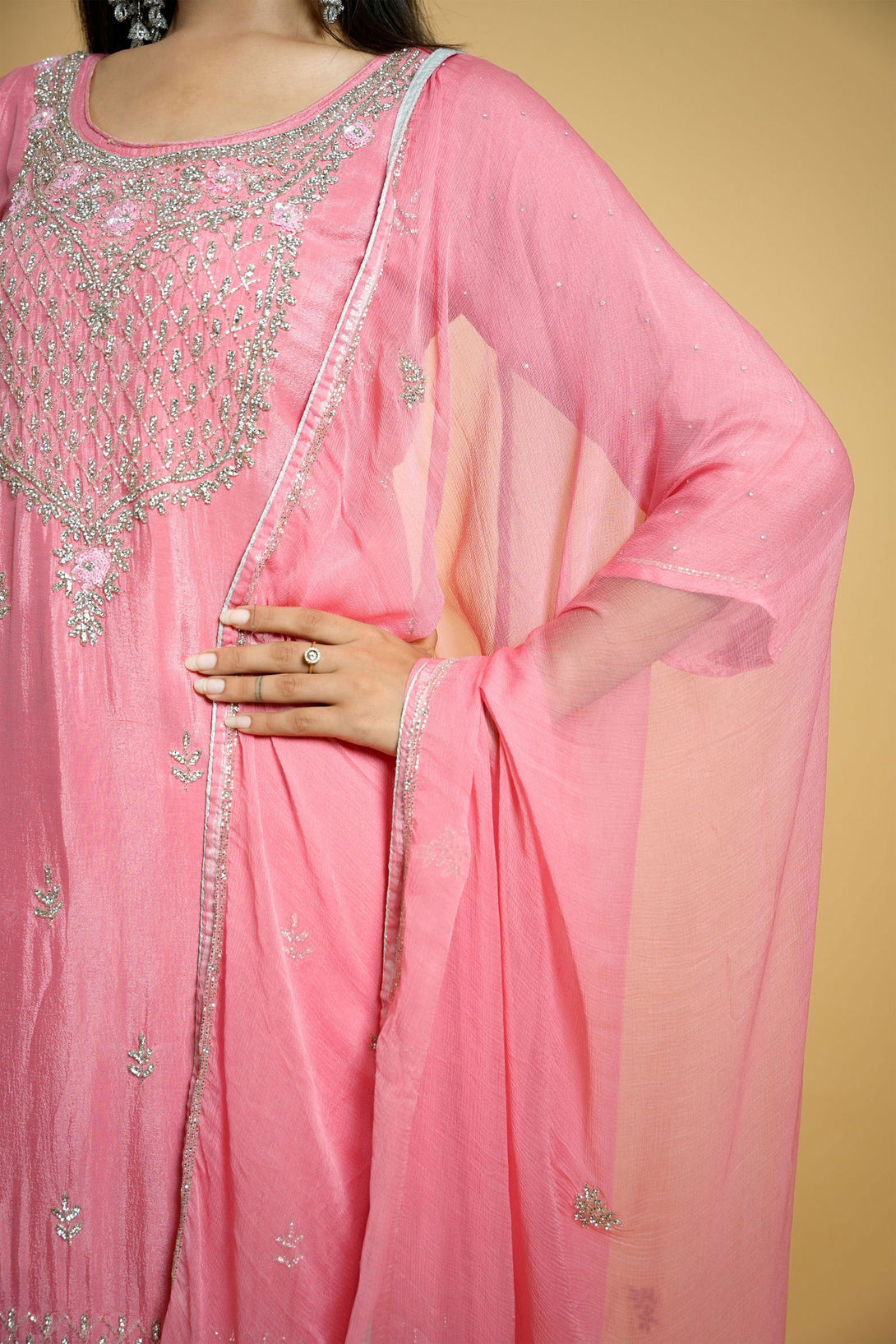Peach Georgette Hand-Embroidered Sharara Suit - Mayrake.in