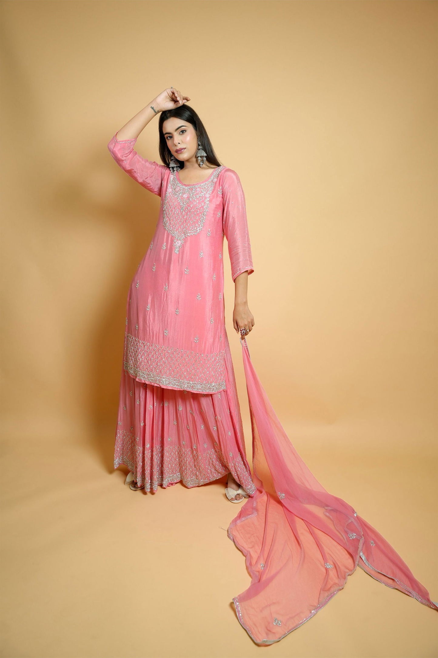 Peach Georgette Hand-Embroidered Sharara Suit - Mayrake.in
