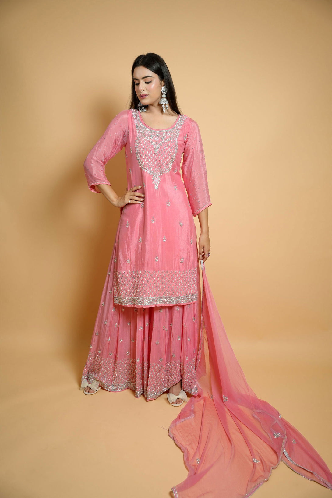 Peach Georgette Hand-Embroidered Sharara Suit - Mayrake.in