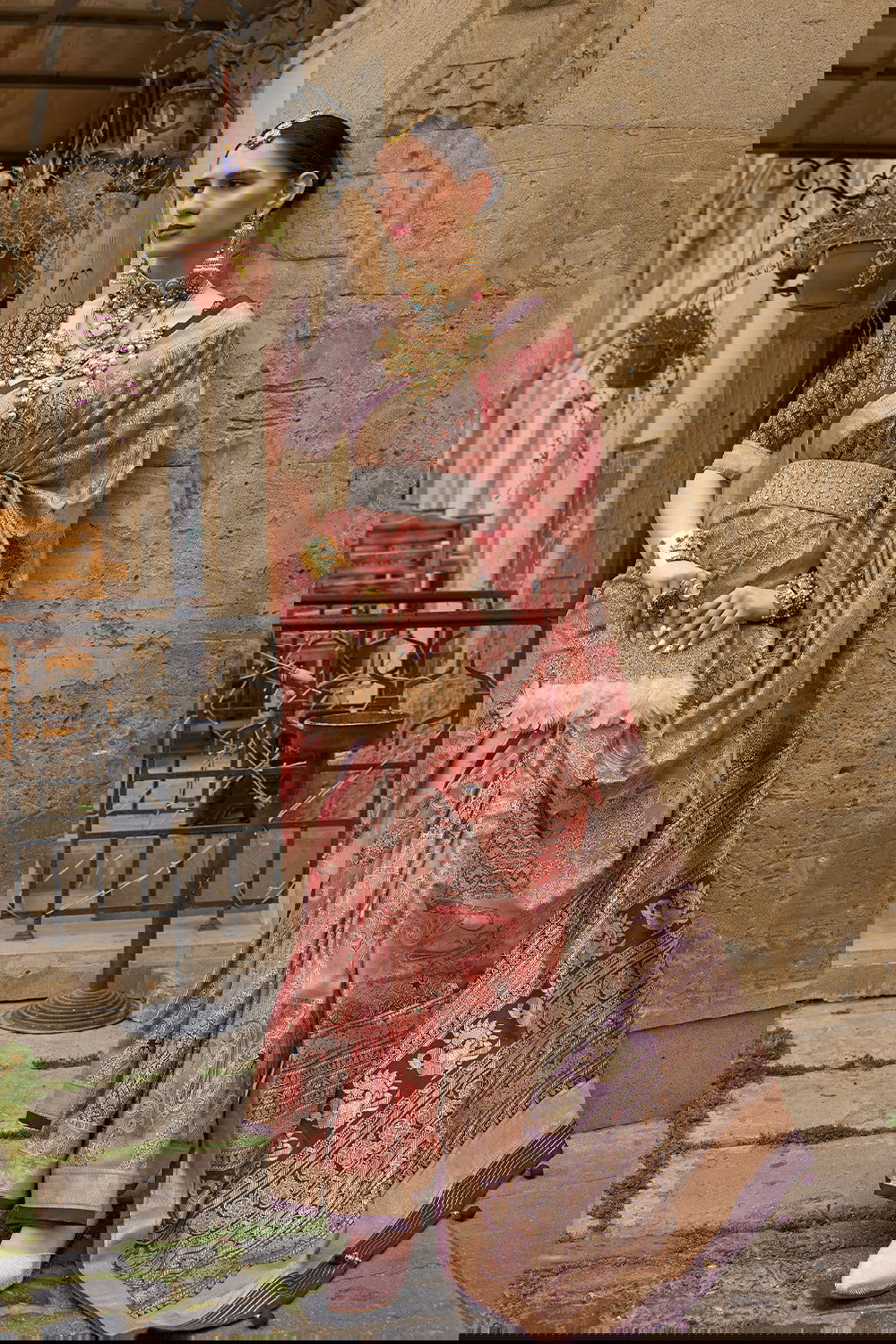 Peach Orange Raw Silk Saree with Floral Motifs - Mayrake.in