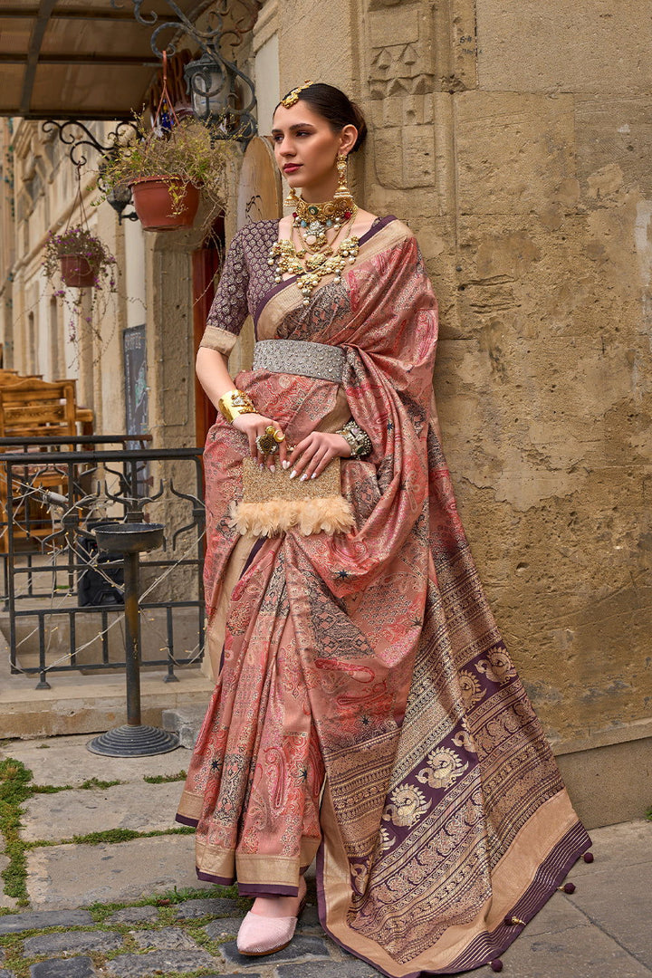 Peach Orange Raw Silk Saree with Floral Motifs - Mayrake.in