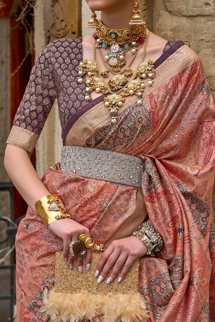 Peach Orange Raw Silk Saree with Floral Motifs - Mayrake.in