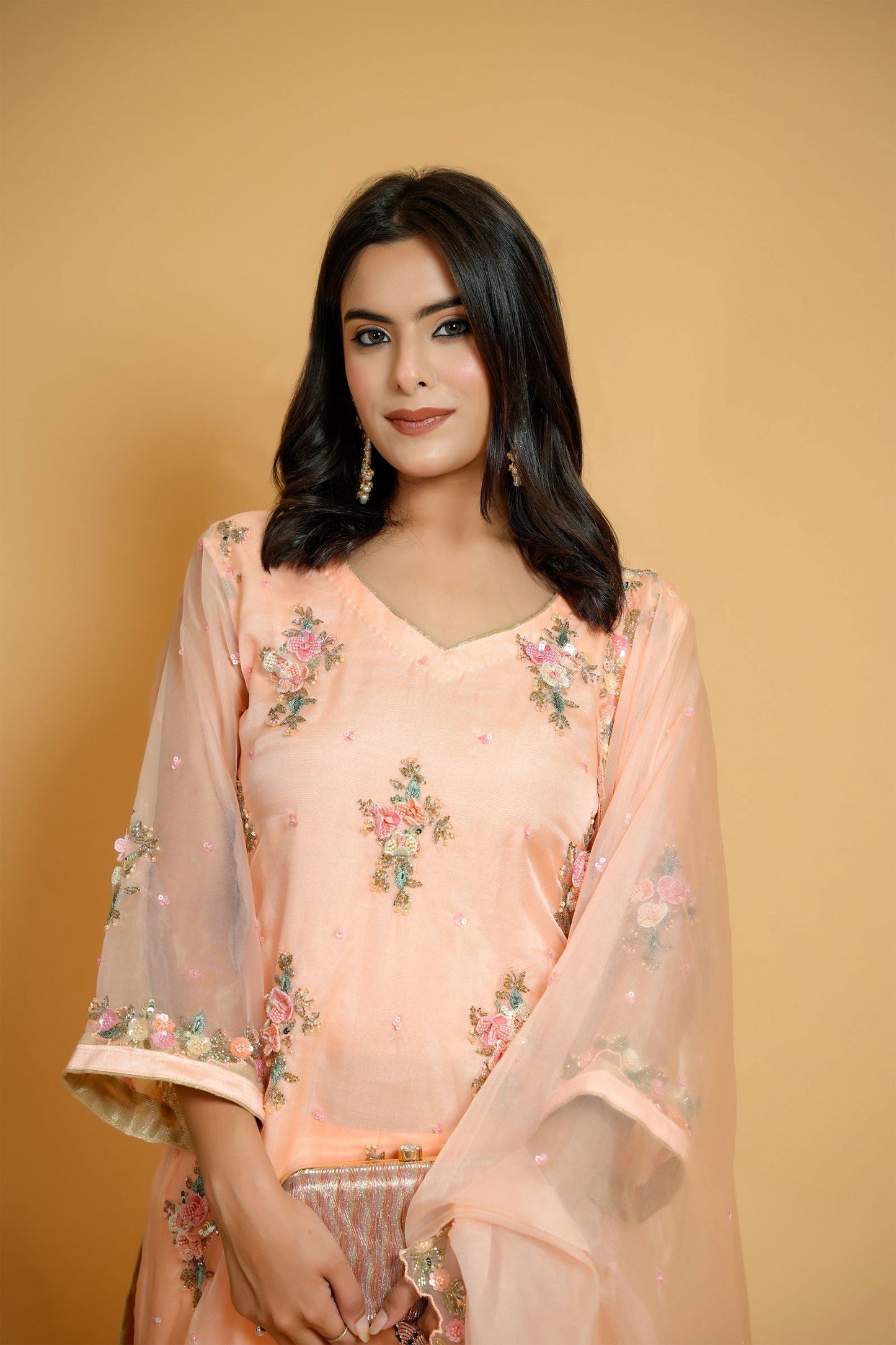 Peach Organza Hand-Embroidered Suit - Mayrake.in