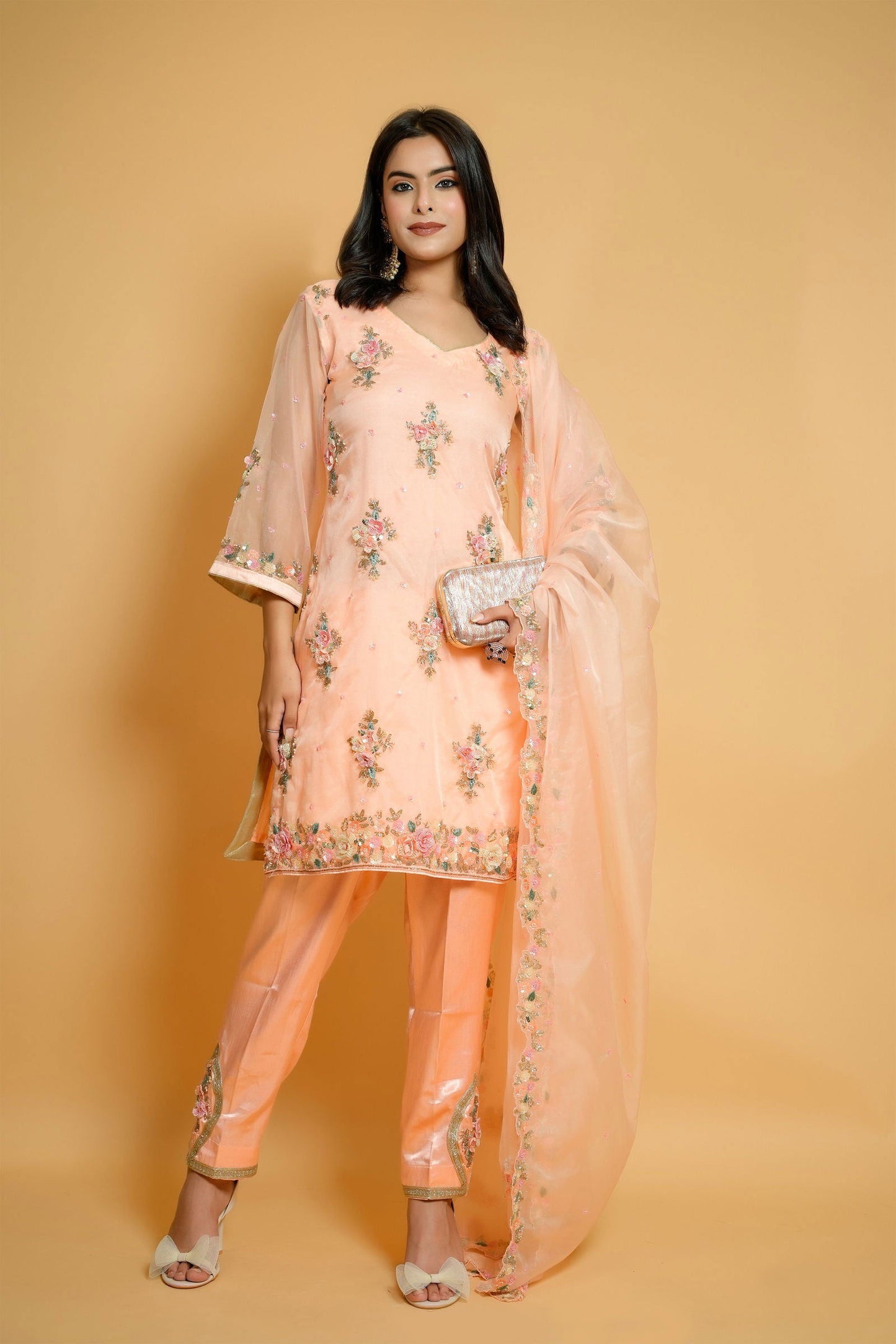 Peach Organza Hand-Embroidered Suit - Mayrake.in