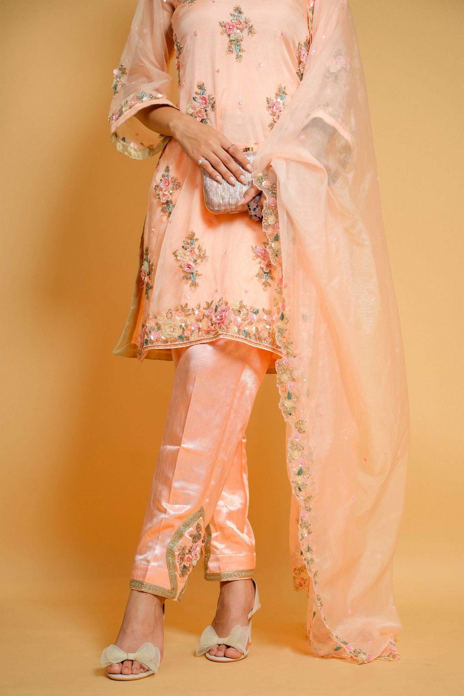 Peach Organza Hand-Embroidered Suit - Mayrake.in
