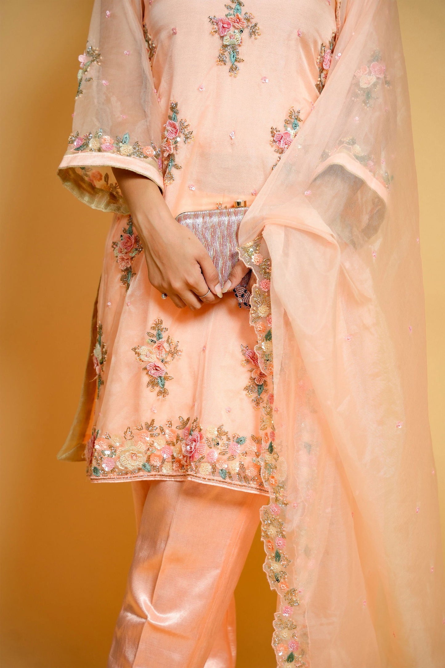 Peach Organza Hand-Embroidered Suit - Mayrake.in