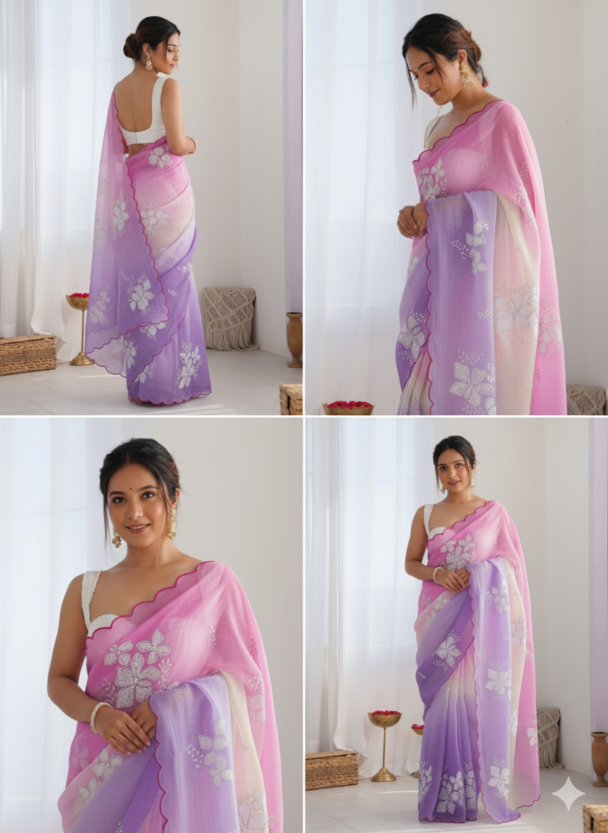 Peach Purple Pastel-Shaded Soft Chinon Silk Saree with Sequin Embroidery and Khatli Work Border - Mayrake.in